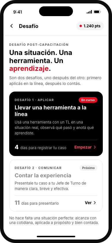 Pantalla de desafíos de la app